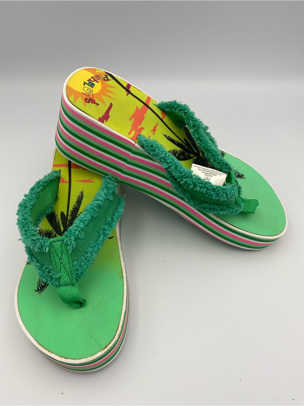 Green Platform Flip-Flop Sandals with Striped Wedge